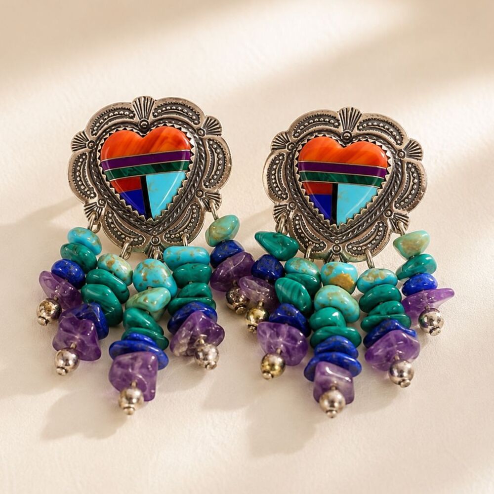 Vintage Native American Sterling Silver Multistone Inlay Heart Fringe Earrings